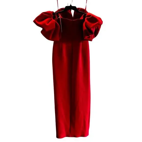 Jovani Red Dress Size 14 XL Puff Sleeve Lucky Gown Black Tie Formal Slit NWT - Picture 10 of 11